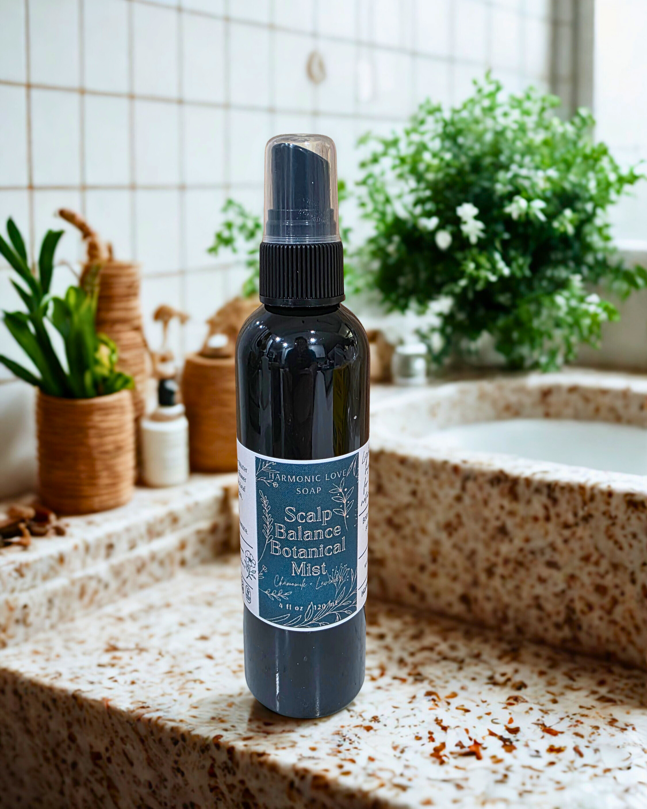 Bottle of Scalp Balance Botanical Mist on a bathroom counter with plants in the background