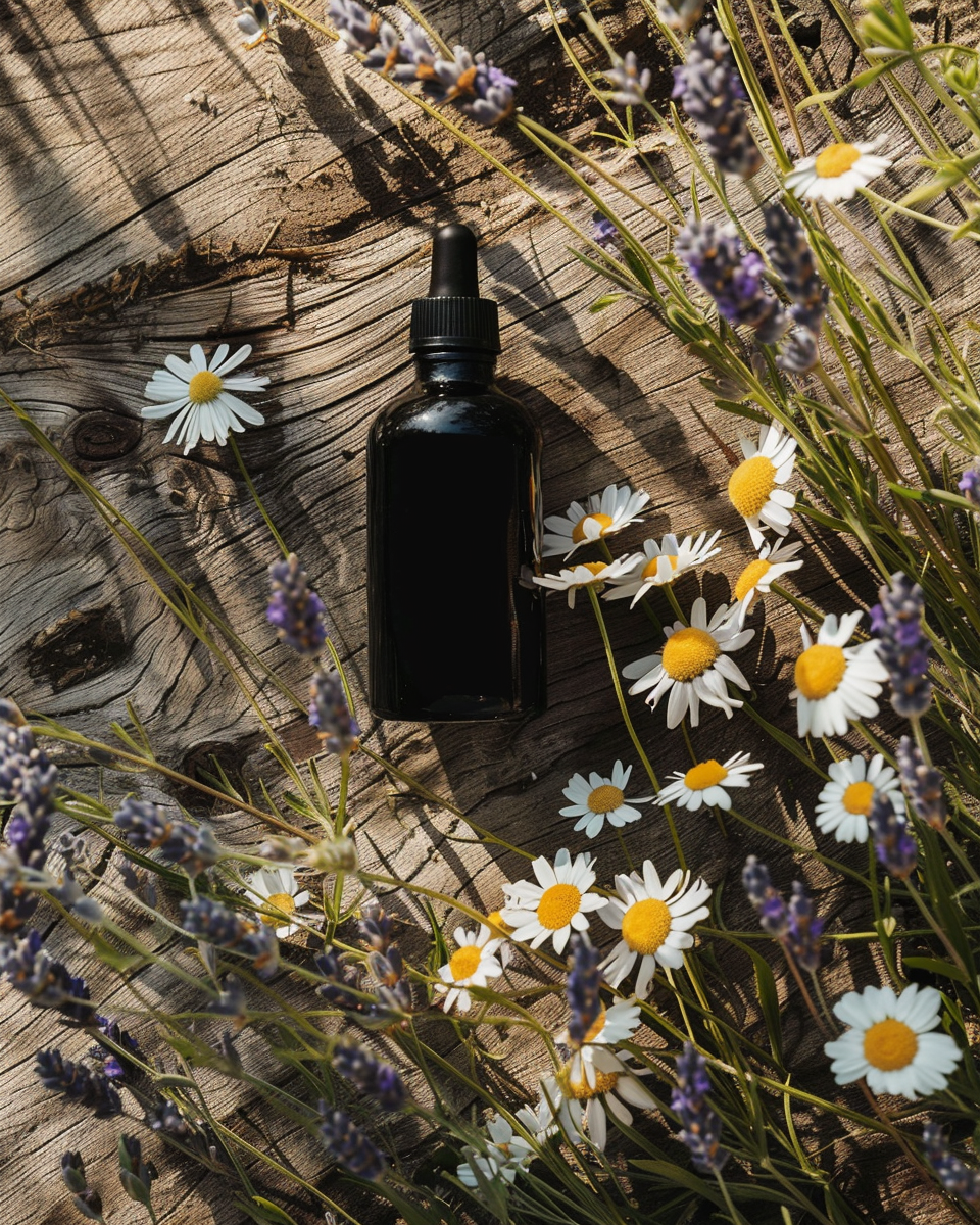 Black dropper bottle on a wooden surface with lavender and daisies
