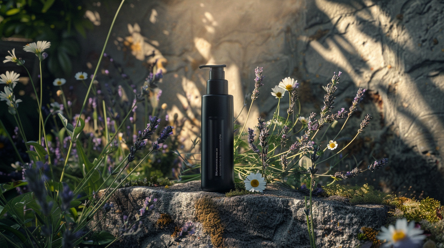 Black skincare bottle on a stone surface with flowers and a textured wall in the background