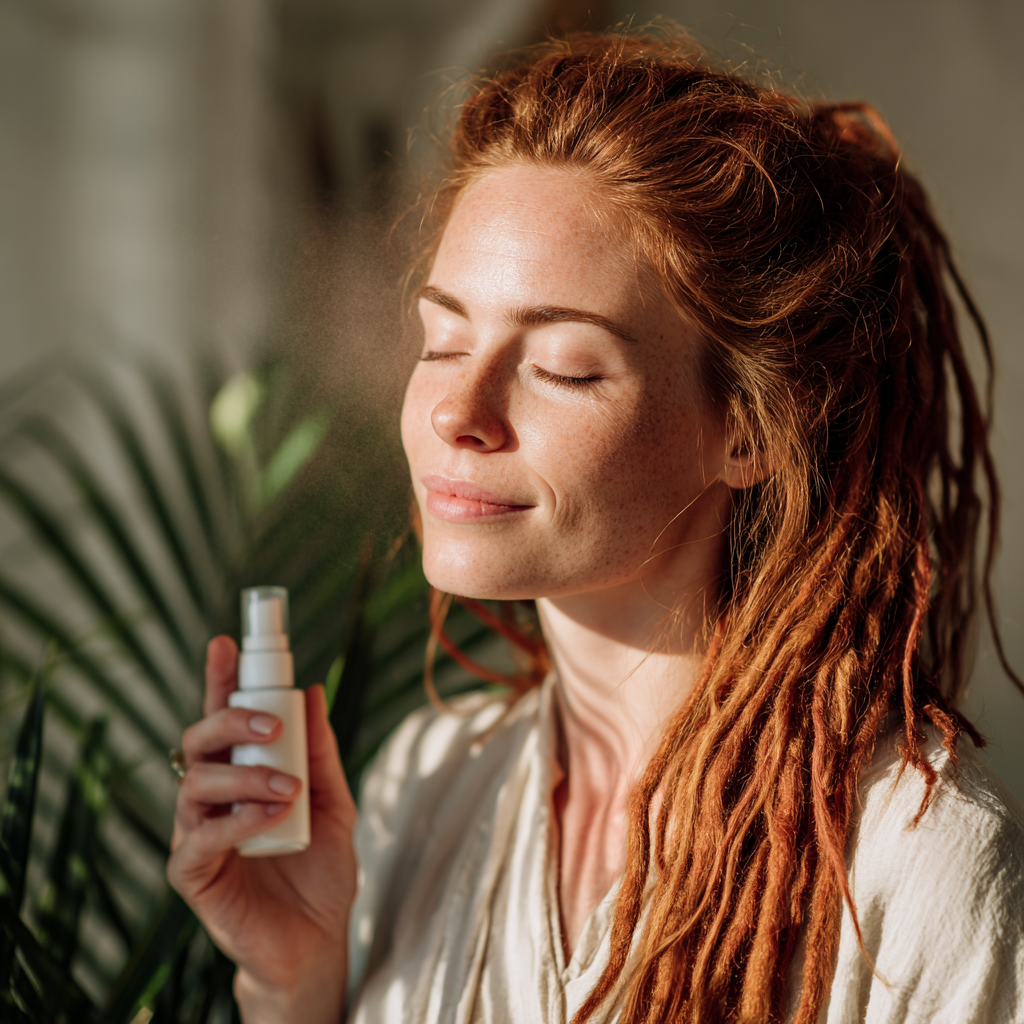 Woman with long red hair holding a white spray bottle against a blurred green background
