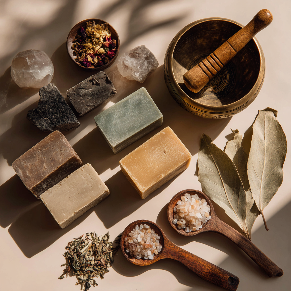 Collection of natural soap bars, herbs, and a mortar and pestle on a beige surface.